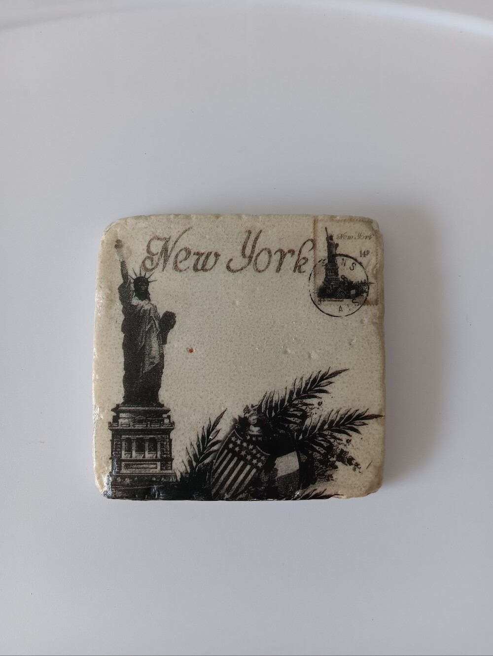 New York Statue Of Liberty Marble Coaster Cork Back 3.5" Square Black Ivory